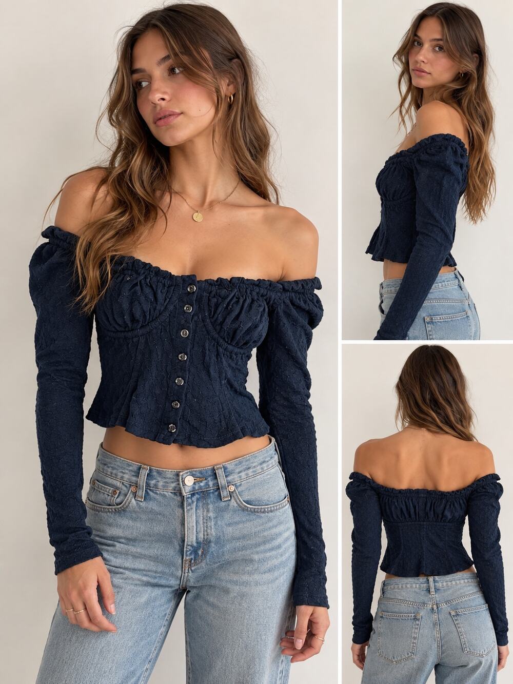 Free People Black Textured Off Shoulder Button Front Top XS